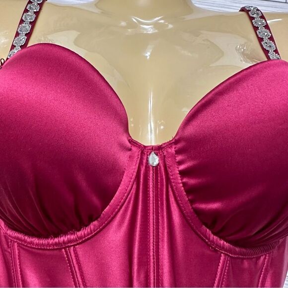 VICTORIA’S SECRET DREAM ANGELS RHINESTONE STRAP RASPBERRY CORSET BUSTIER TOP 34D - Picture 4 of 9